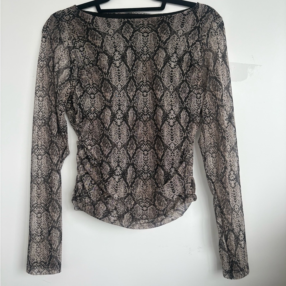 Snakeskin Print Long Sleeve Top semi sheer rouched